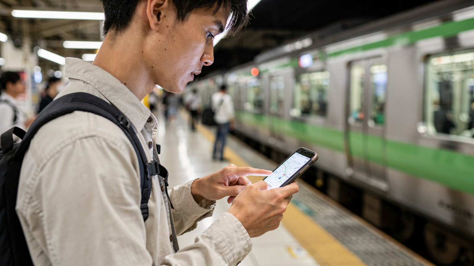 Một du khách đang dùng điện thoại có eSIM để tra cứu thông tin di chuyển trên tuyến tàu JR Yamanote tại một ga ở Tokyo, Nhật Bản.