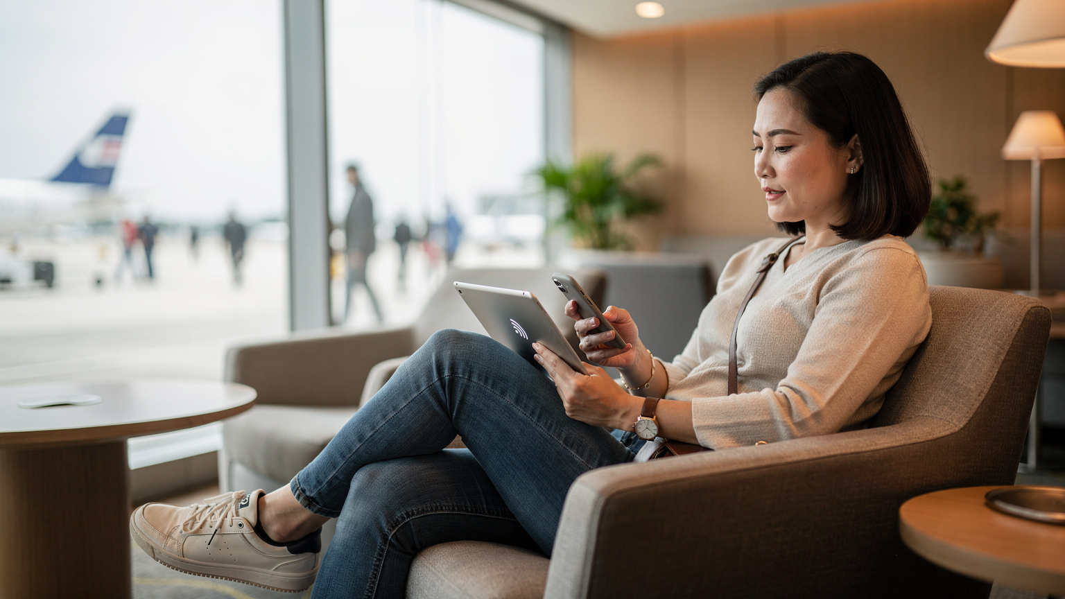 Một du khách đang chia sẻ kết nối hotspot từ điện thoại có eSIM của mình cho một chiếc máy tính bảng, trong khi ngồi đợi tại sân bay quốc tế Changi, Singapore.