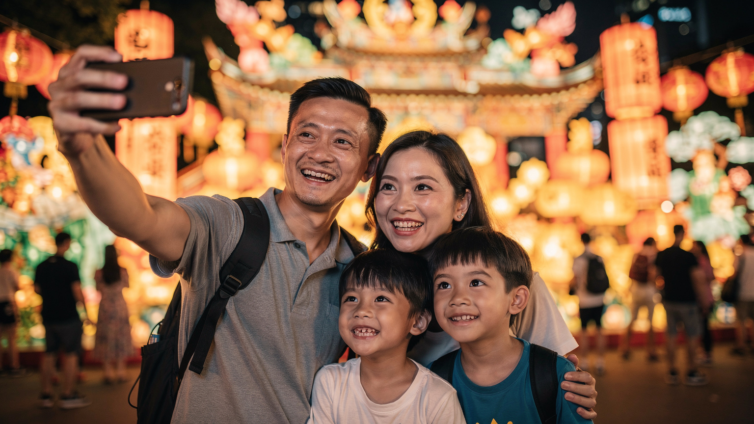 Gia đình du khách Việt hào hứng chụp ảnh cùng những chiếc đèn lồng rực rỡ tại Công viên Victoria, Hồng Kông trong dịp Trung Thu.