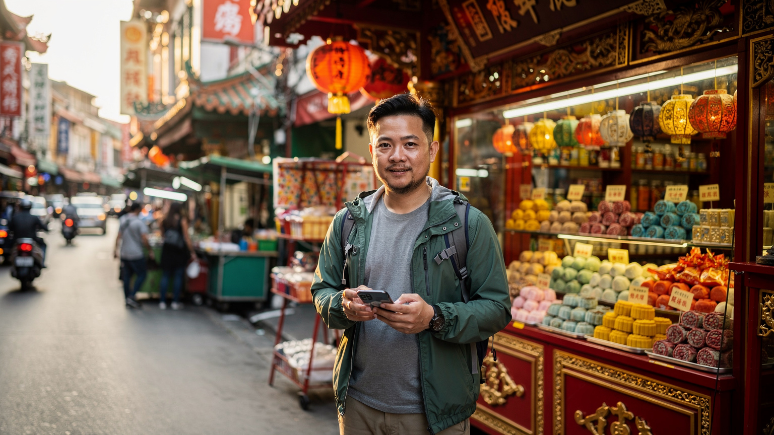 Một du khách đang đứng trước một cửa hàng bánh trung thu truyền thống ở khu Chinatown, Kuala Lumpur, Malaysia, và dùng điện thoại có eSIM để tra cứu thông tin.
