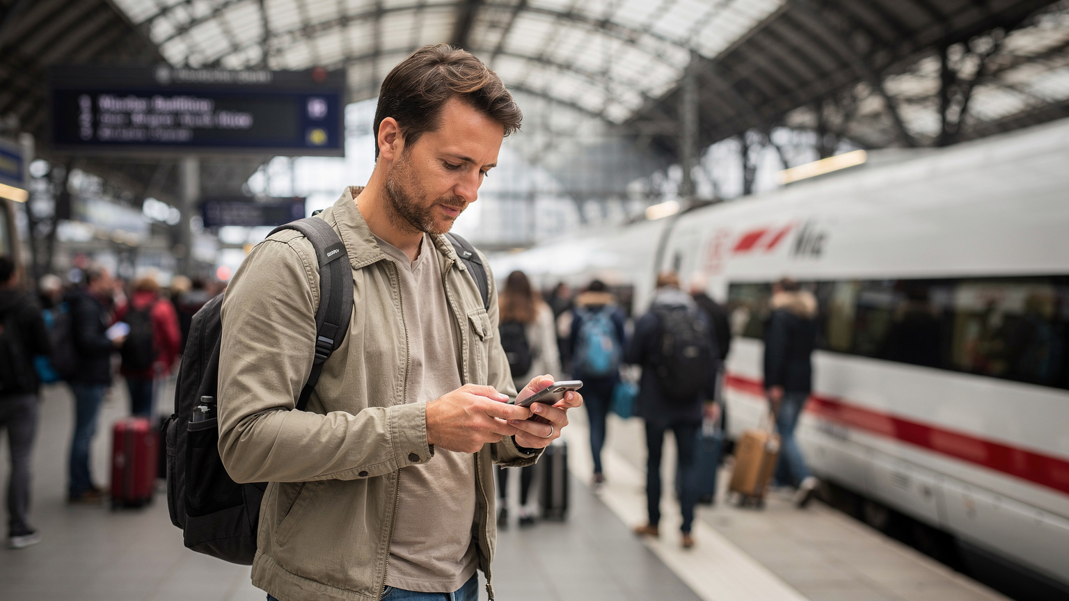 Ein Reisender am Münchner Hauptbahnhof überprüft auf seinem Smartphone die Einstellungen für Hintergrundaktualisierungen, während im Hintergrund ein ICE einfährt und Menschenmengen vorbeiziehen.