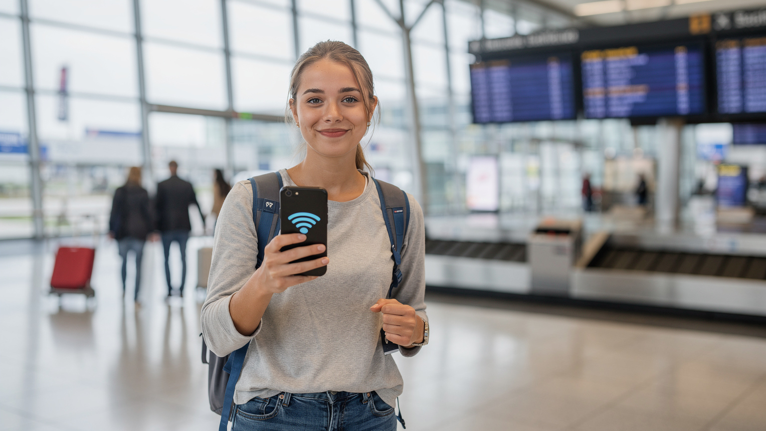 Eine Frau, frisch am Flughafen in Deutschland gelandet, blickt zufrieden auf ihr Smartphone, das eine aktive Internetverbindung anzeigt, während im Hintergrund ein Gepäckband und andere Reisende zu sehen sind.