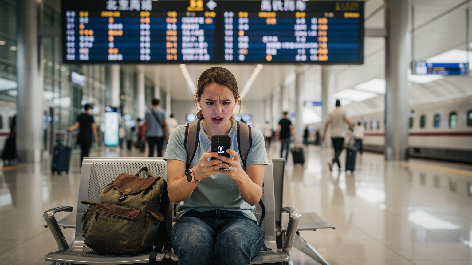 Một du khách đang cố gắng kết nối Wi-Fi tại ga tàu cao tốc Bắc Kinh, khuôn mặt thể hiện sự bối rối khi điện thoại hiển thị lỗi kết nối mạng.