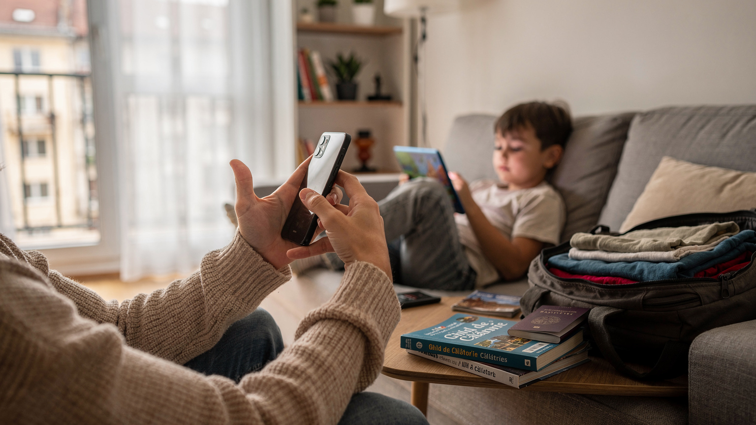 Un părinte verifică compatibilitatea eSIM pe telefon, lângă un copil care se joacă pe o tabletă, într-un mediu familial. Pregătiri pentru călătorie.