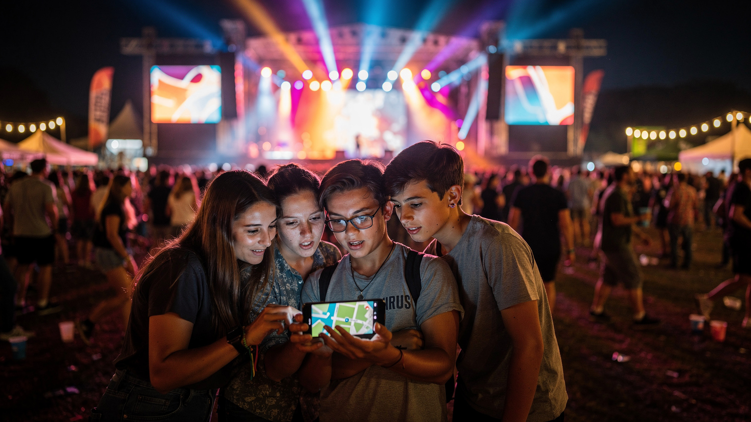 Un grup de prieteni sau o familie într-un festival de muzică, privind un telefon mobil, cu luminile scenei festivalului în fundal. Pe ecranul telefonului se observă o aplicație de hărți, iar în spatele lor, o mulțime de oameni se bucură de muzică, sub cerul nopții, la un festival.