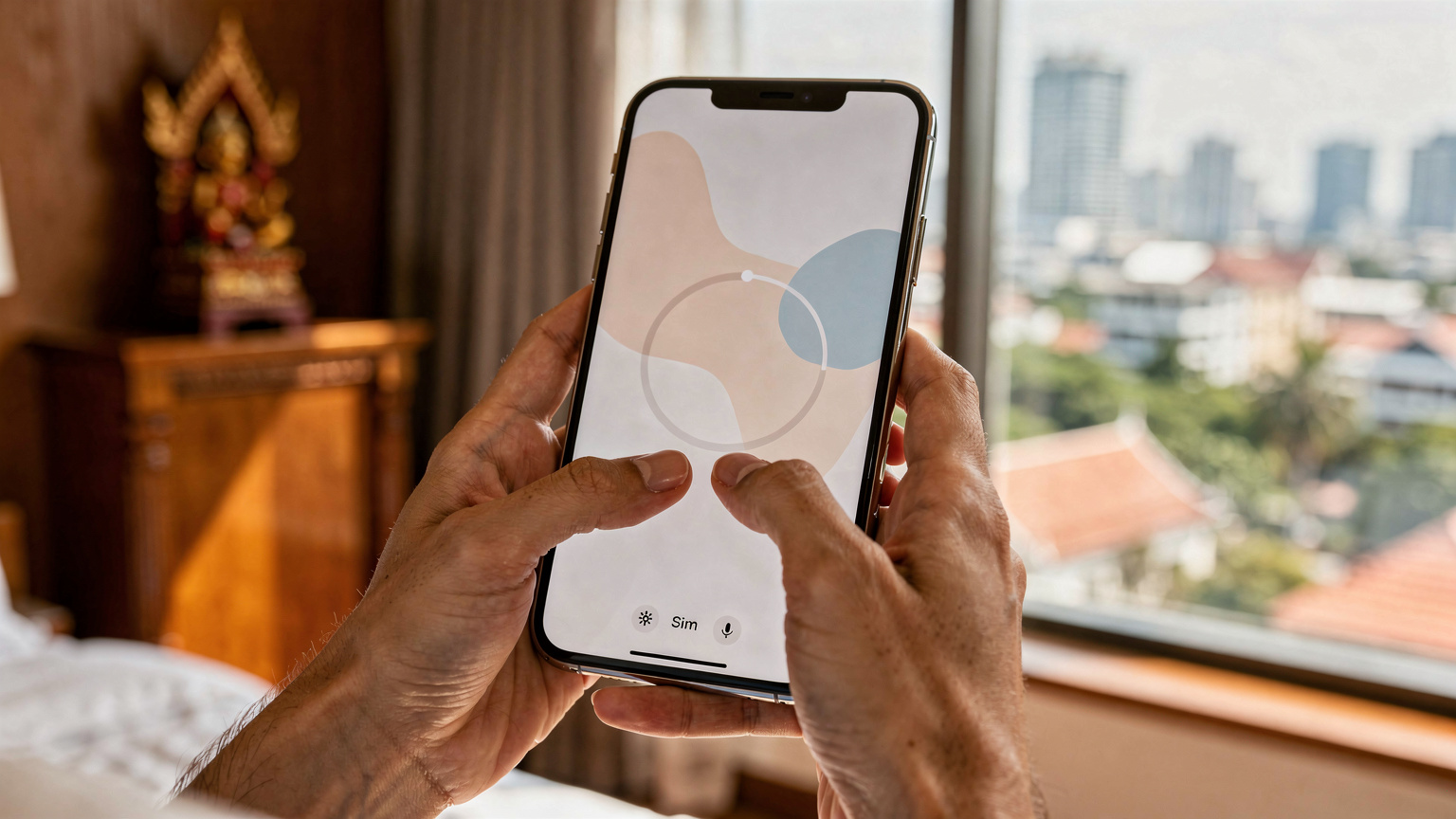 Close-up van handen die een smartphone vasthouden en een eSIM-profiel activeren, met een wazige achtergrond van een hotelkamer in Bangkok.