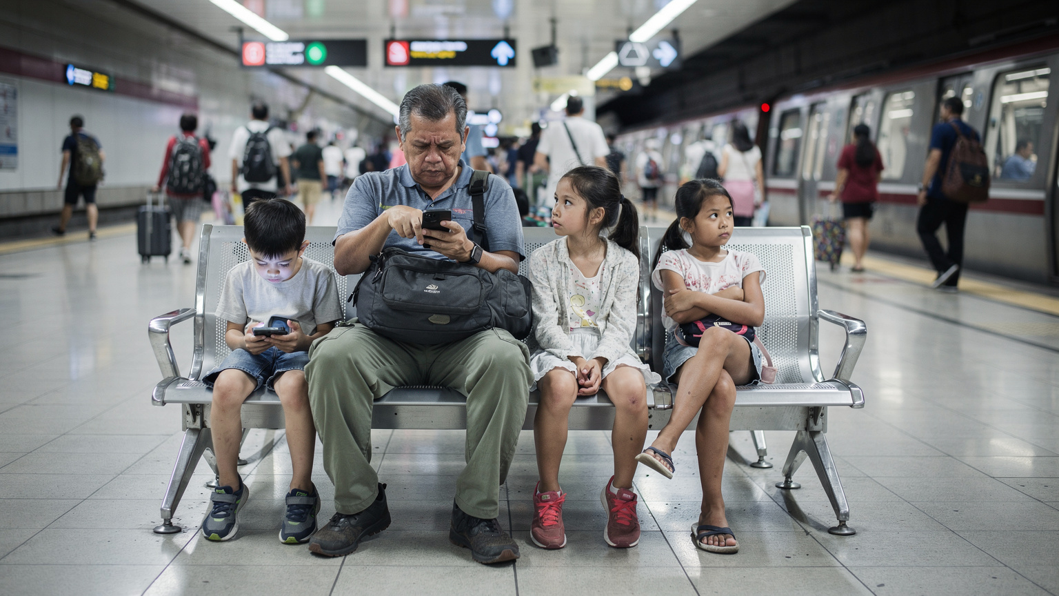 Een gefrustreerde vader kijkt naar zijn smartphone op een bankje in een drukke MRT-station in Bangkok, terwijl zijn kinderen verveeld naast hem zitten.