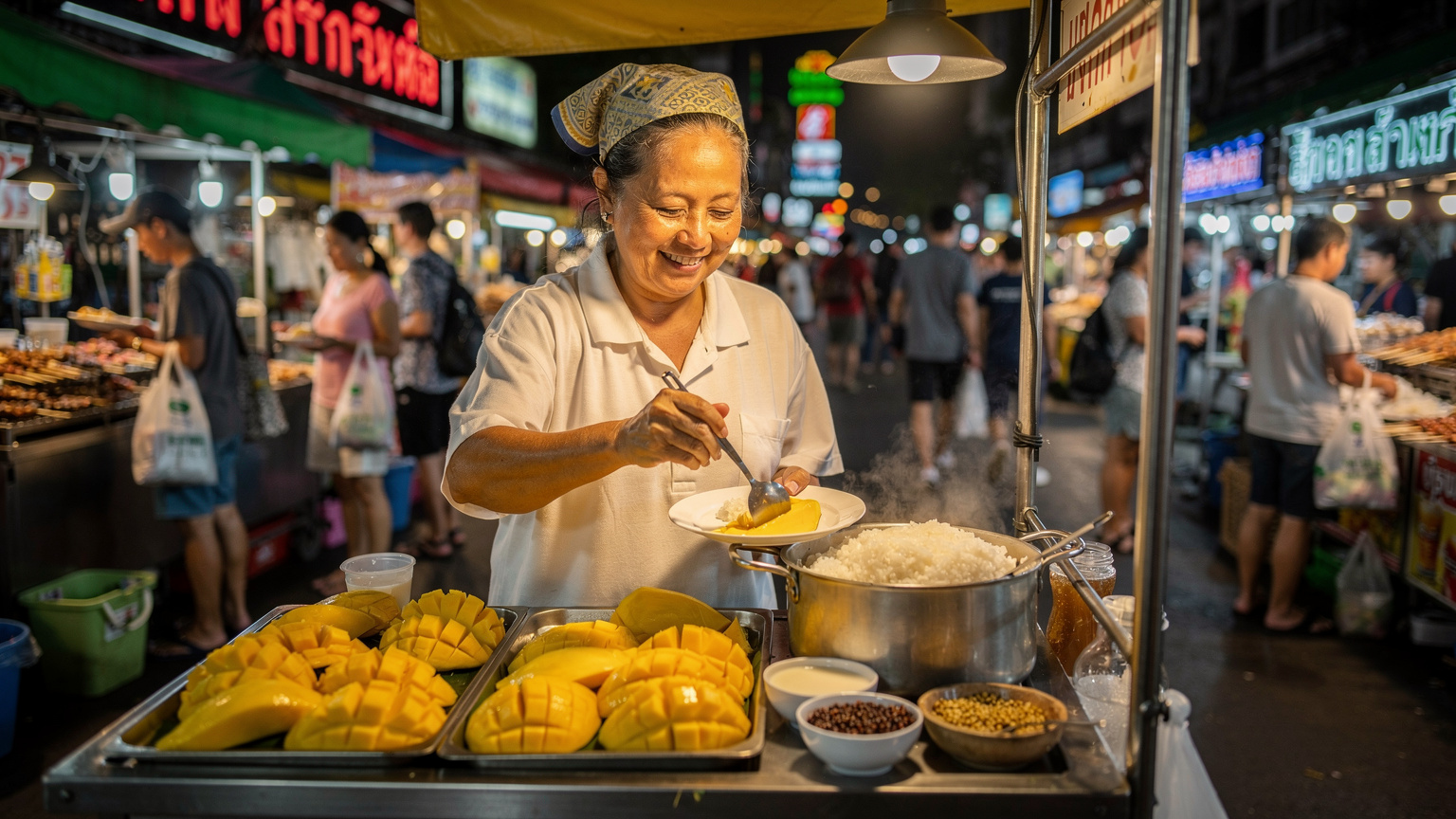 Een Thaise straatverkoper bereidt mango sticky rice aan een kraampje in een levendige avondmarkt in Bangkok, met kleurrijke lichten en voorbijgangers op de achtergrond.