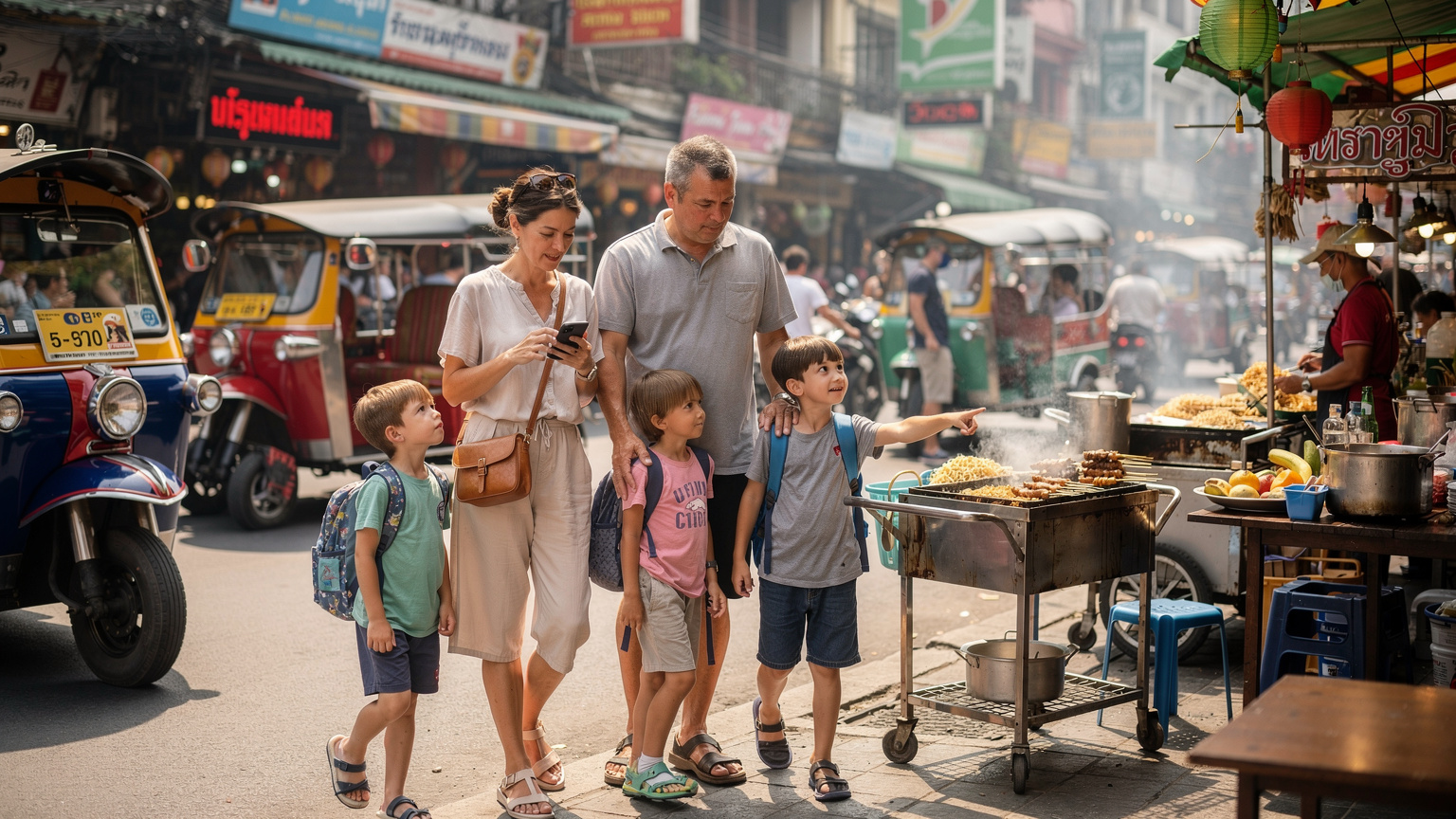 Een gezin navigeert door de drukke straten van Bangkok, met de iconische tuktuks en straatverkopers op de achtergrond, terwijl de moeder op haar telefoon een route checkt.