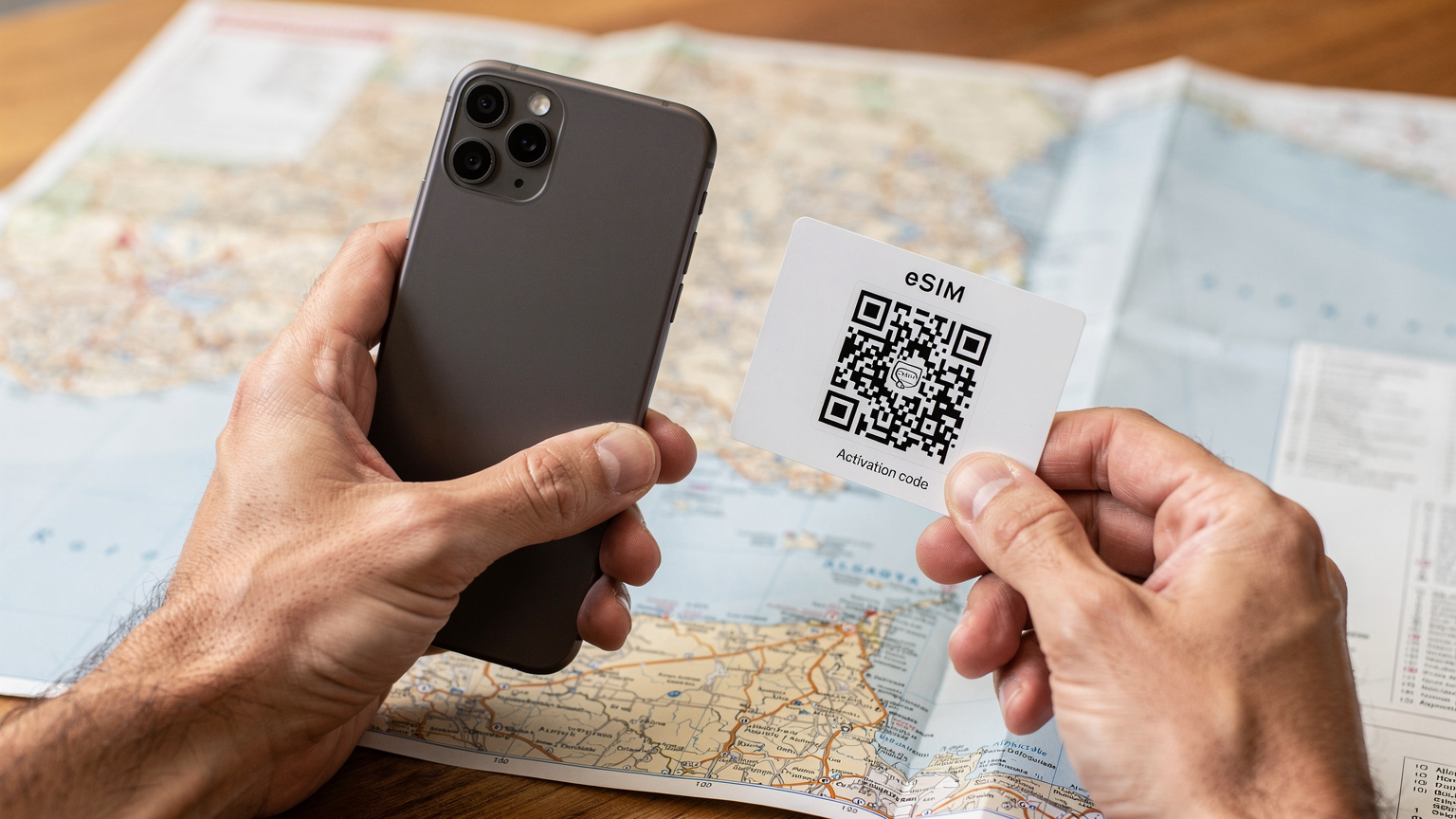 Unas manos sostienen un teléfono móvil y escanean un código QR de una tarjeta de eSIM, con un fondo borroso de un mapa turístico, indicando el proceso de activación.