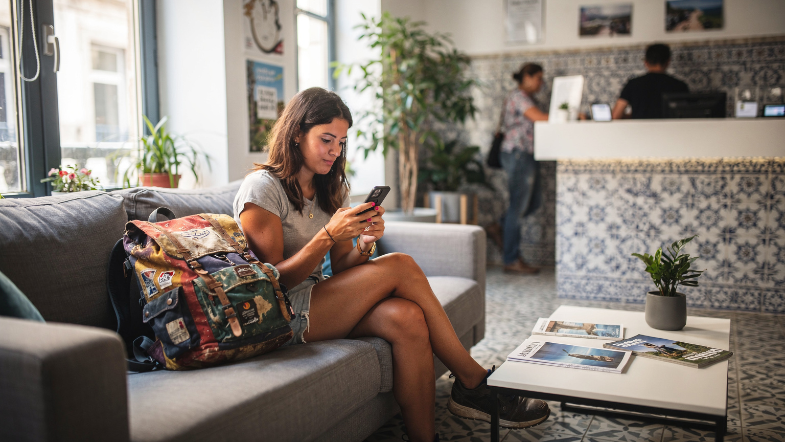 Una mujer joven con una mochila, sentada en la recepción de un hostel en Lisboa, Portugal, revisa su teléfono mientras espera su registro, mostrando su dependencia del móvil para planificar.