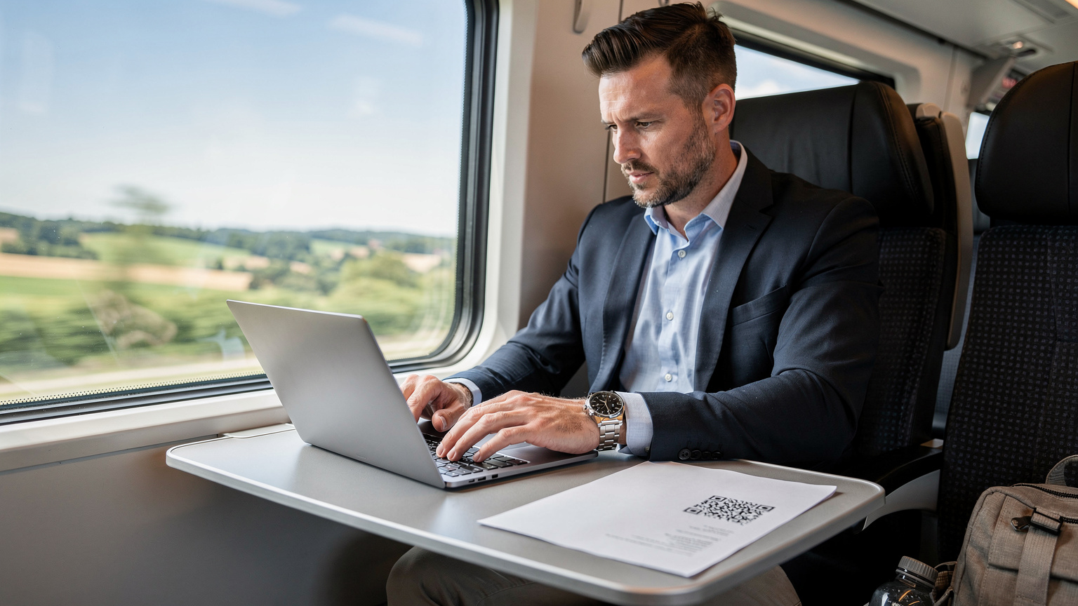 A business traveler setting up an eSIM on a sleek laptop while on a high-speed train, with the lush European countryside visible through the window.
