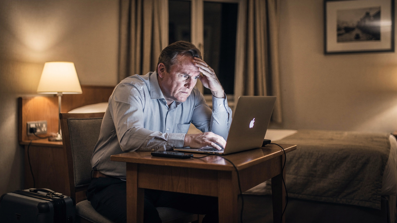 A weary traveler looking with concern at a laptop screen showing a 'No Internet Connection' error, in a dimly lit, generic hotel room.