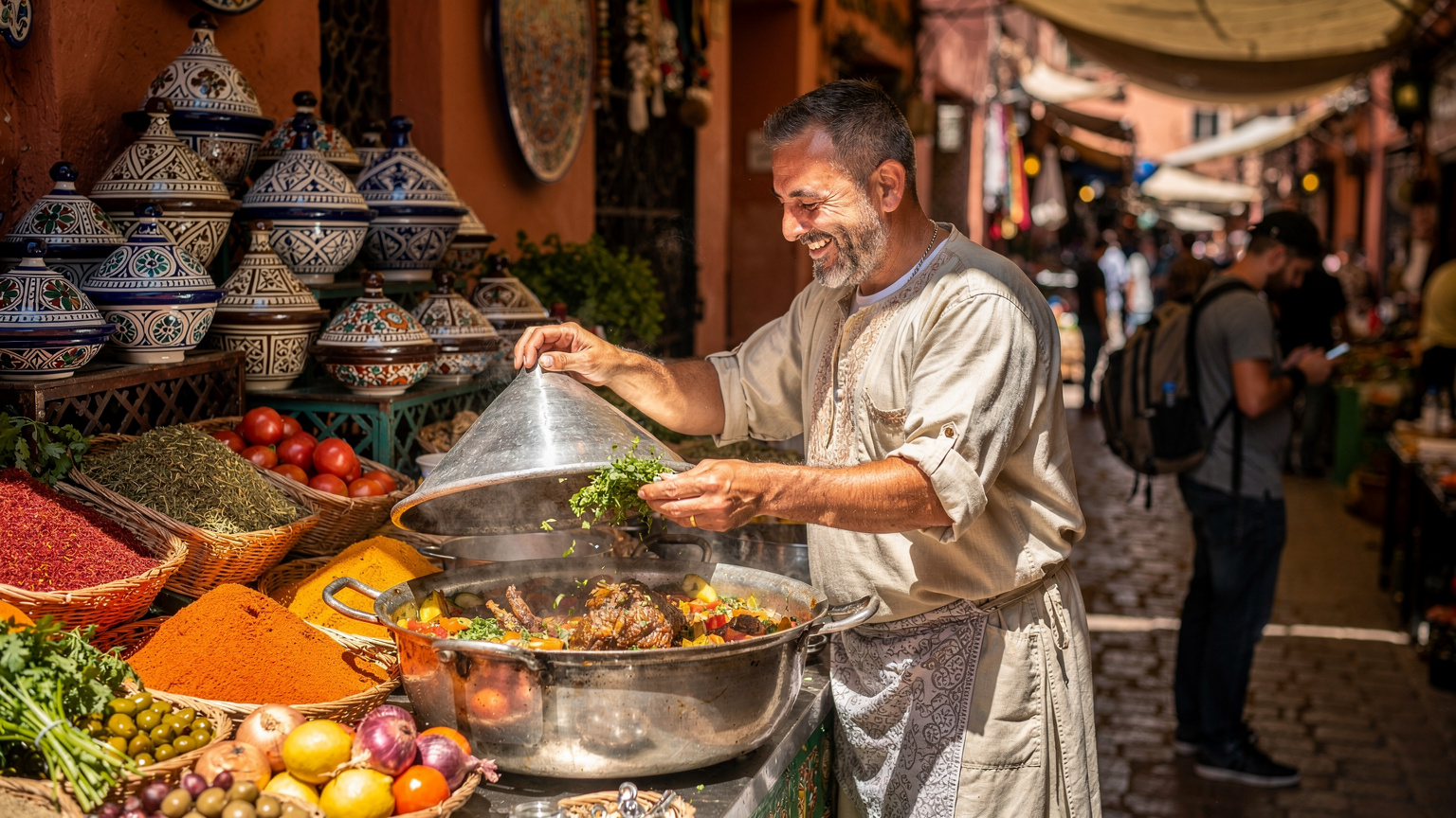 A vibrant street food vendor in a bustling Marrakech medina, with a tourist subtly in the background, capturing the essence of cultural immersion and the need for connectivity.