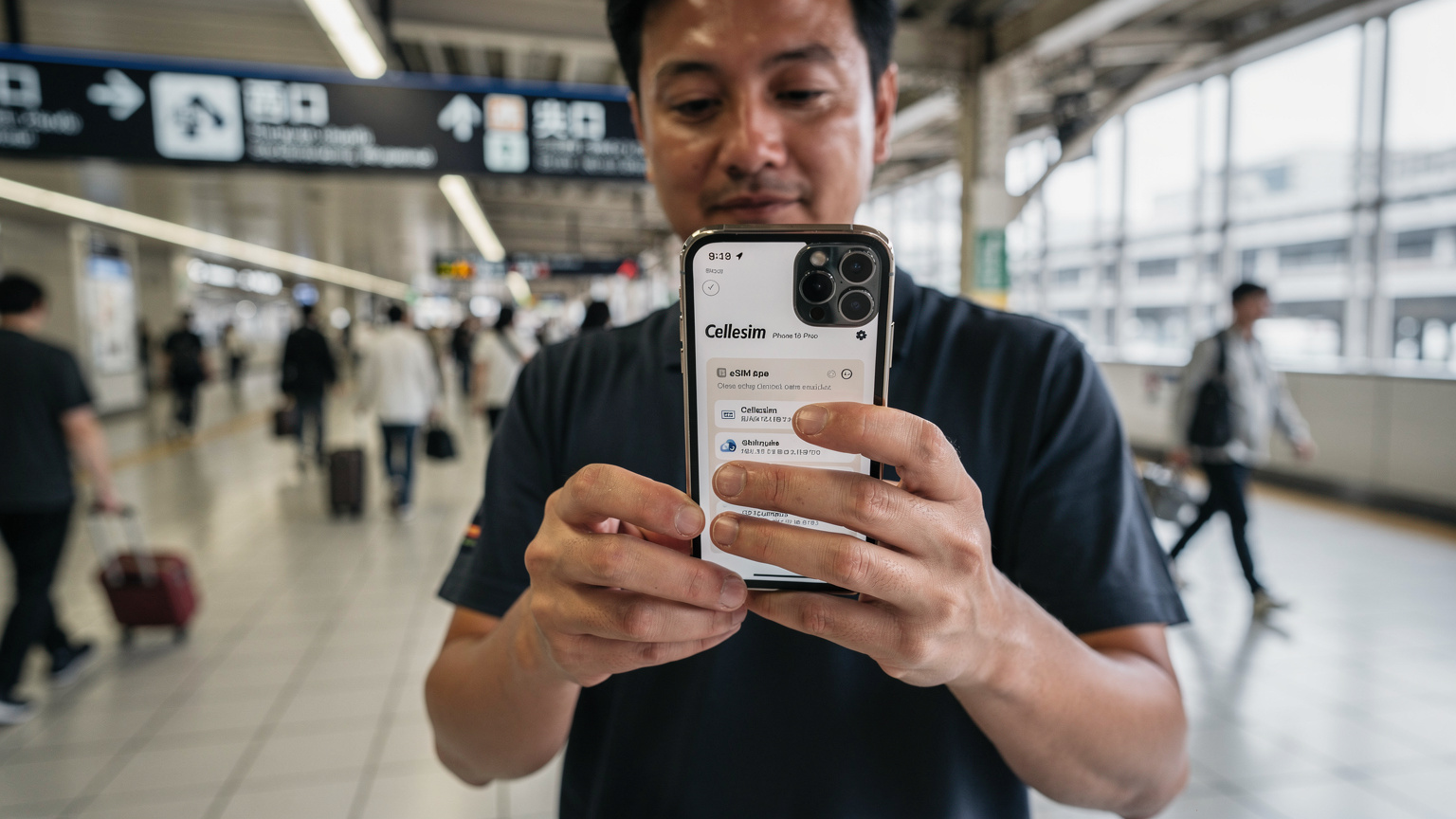 एक व्यक्ति अपने iPhone 18 Pro पर Cellesim eSIM प्लान की डिटेल्स देख रहा है, जिसके पीछे एक व्यस्त टोक्यो स्टेशन (जैसे शिंजुकु) का दृश्य है.