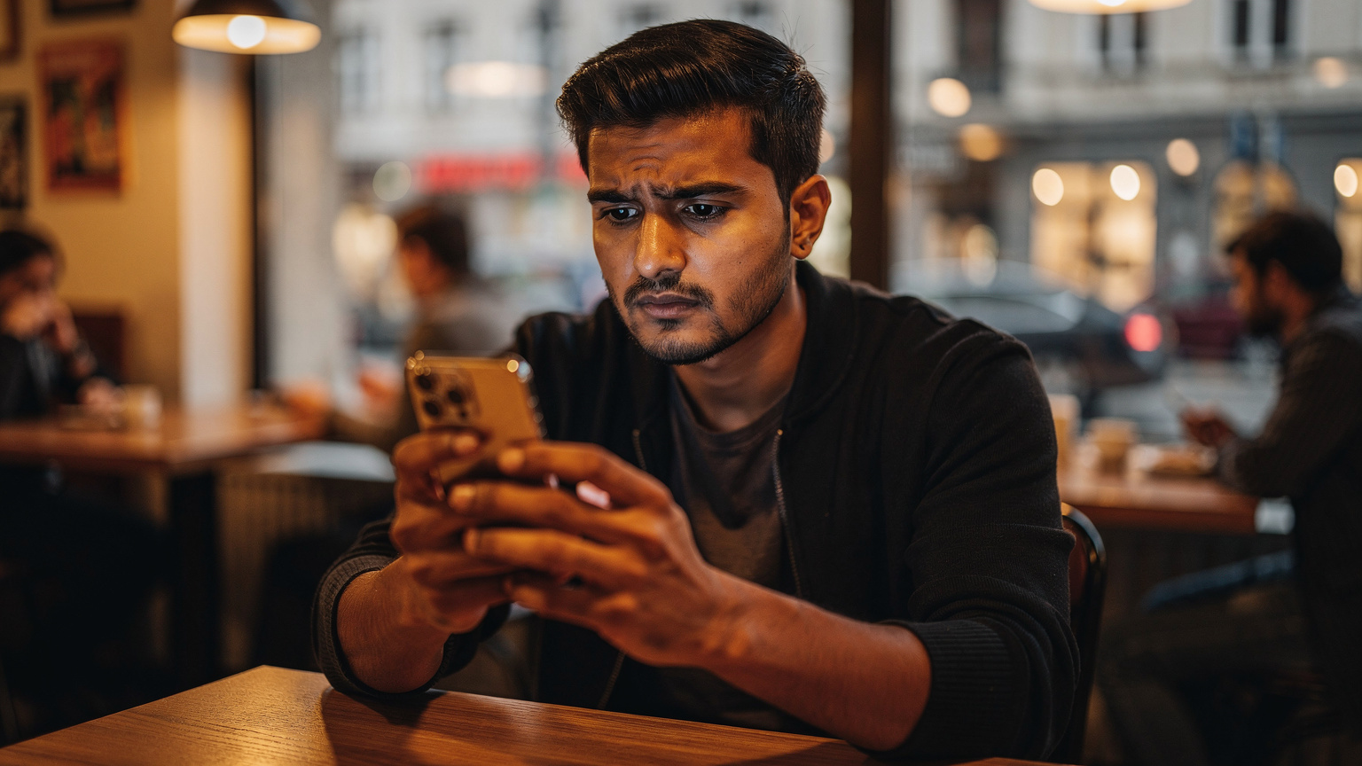 एक यात्री बर्लिन के एक कैफे में बैठकर अपने iPhone 18 Pro पर Cellesim ऐप में ग्राहक सहायता सेक्शन देख रहा है, उसके चेहरे पर हल्की सी चिंता है लेकिन वह समाधान ढूंढ रहा है.