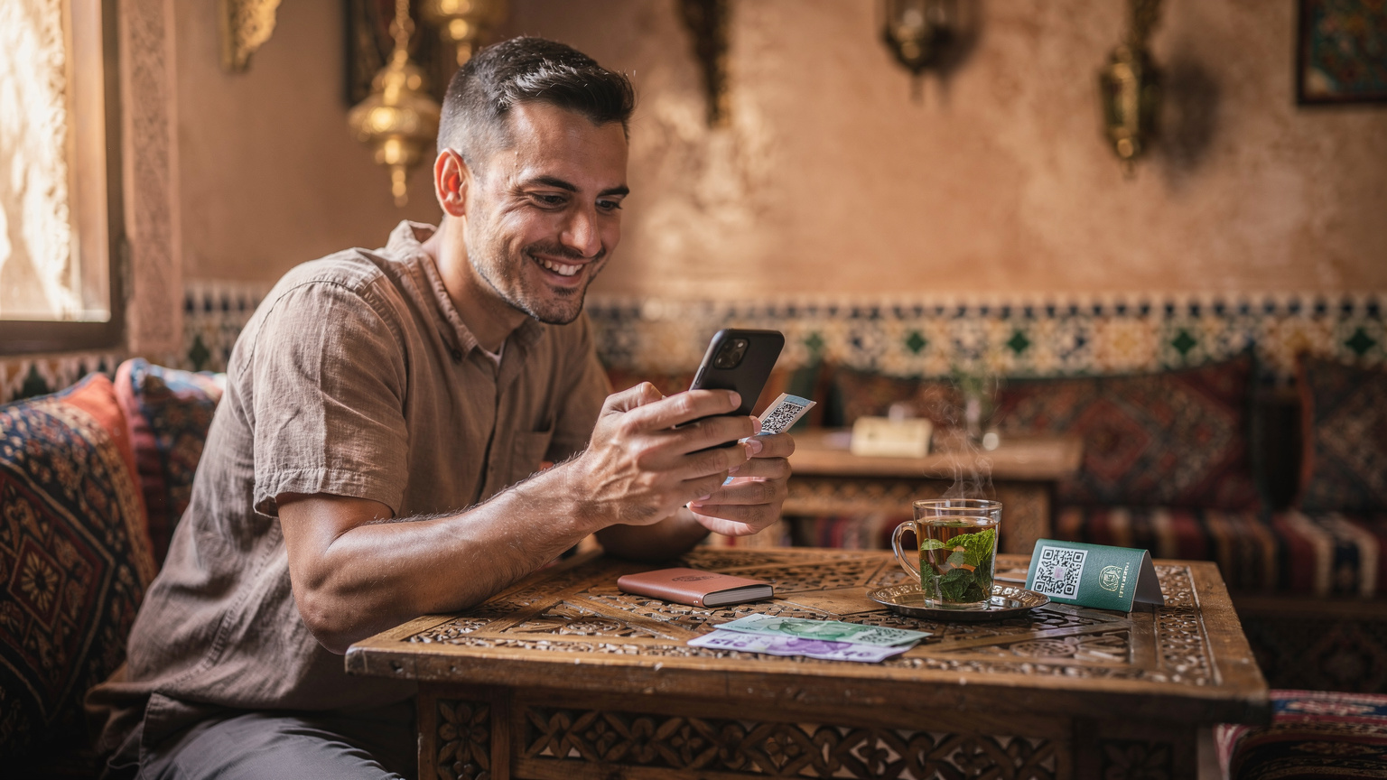 Un homme souriant en train de scanner un QR code d'eSIM sur son smartphone, avec son passeport et des dirhams marocains sur la table d'un café traditionnel.