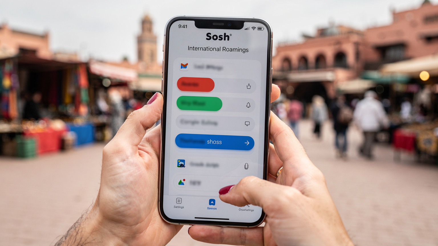 Un smartphone affichant l'application Sosh avec en arrière-plan, la place Jemaa el-Fna de Marrakech, floue.