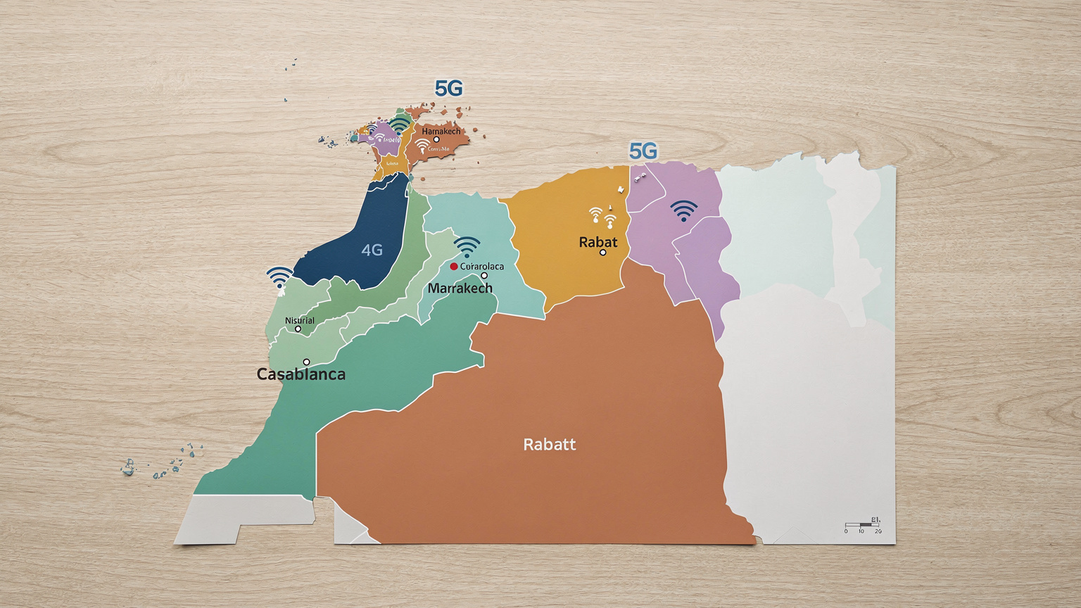 Une carte stylisée du Maroc affichant les zones de couverture des opérateurs mobiles Maroc Telecom, Orange Maroc et Inwi, avec des icônes 4G/5G dans les grandes villes.
