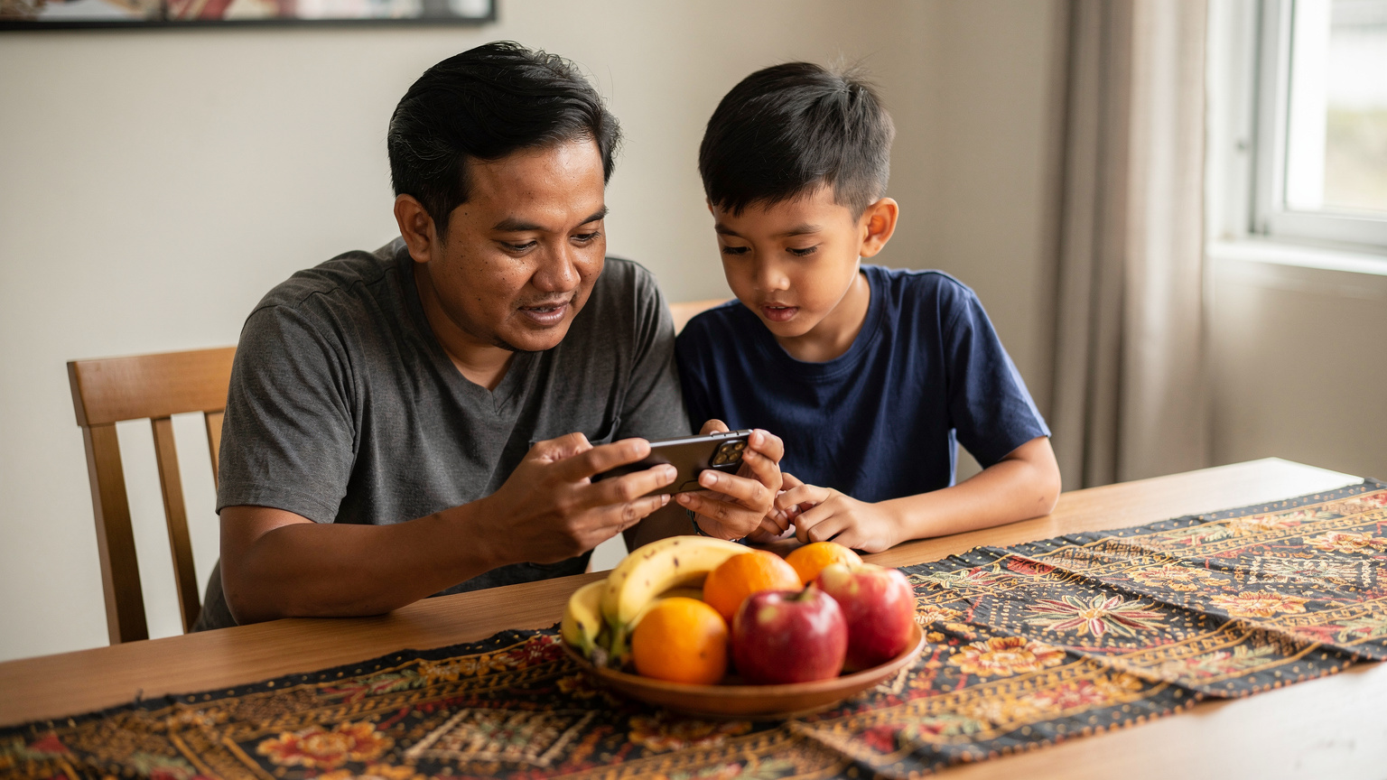 Seorang bapa mengajar anaknya tentang penggunaan internet secara bertanggungjawab sambil melihat tetapan telefon pintar bersama-sama di ruang makan.