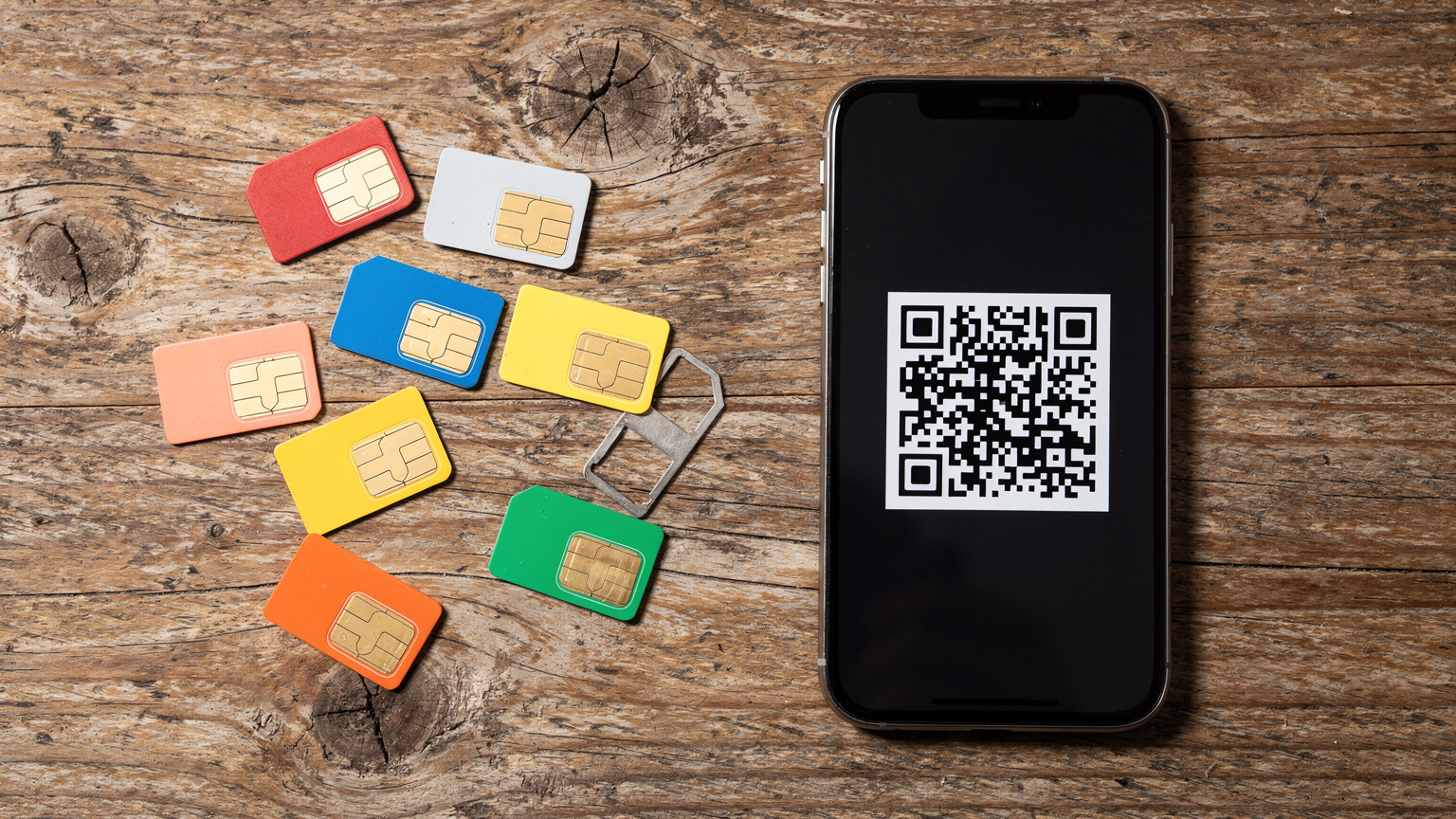 Pandangan atas meja, menunjukkan beberapa kad SIM fizikal lama yang berselerak di sebelah telefon pintar moden yang memaparkan kod QR eSIM, menekankan kemudahan eSIM.