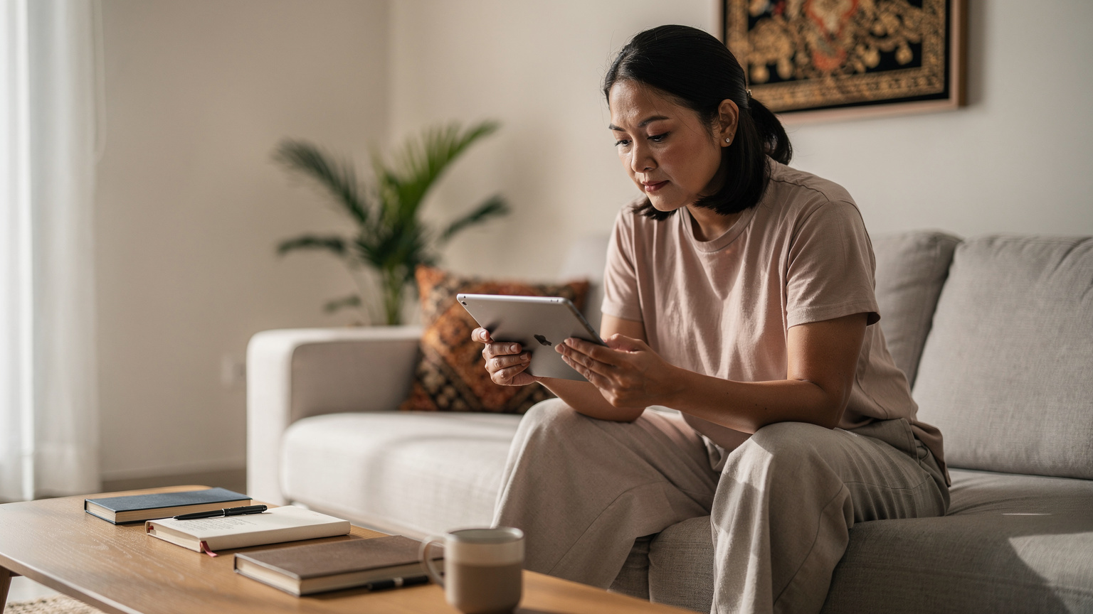 Seorang ibu memuat turun aplikasi dan filem ke iPad anak-anaknya di ruang tamu rumah yang selesa sebelum perjalanan keluarga.