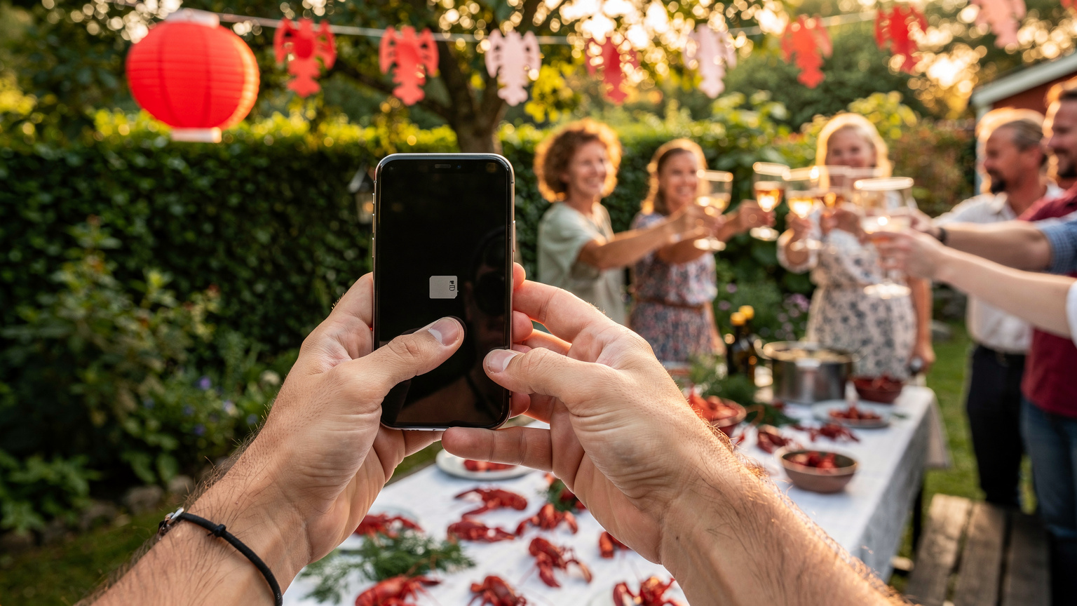 En person i förgrunden använder sin smartphone för att kontrollera anslutning, med en suddig bakgrund av vänner som skålar med snapsglas under en kräftskiva.