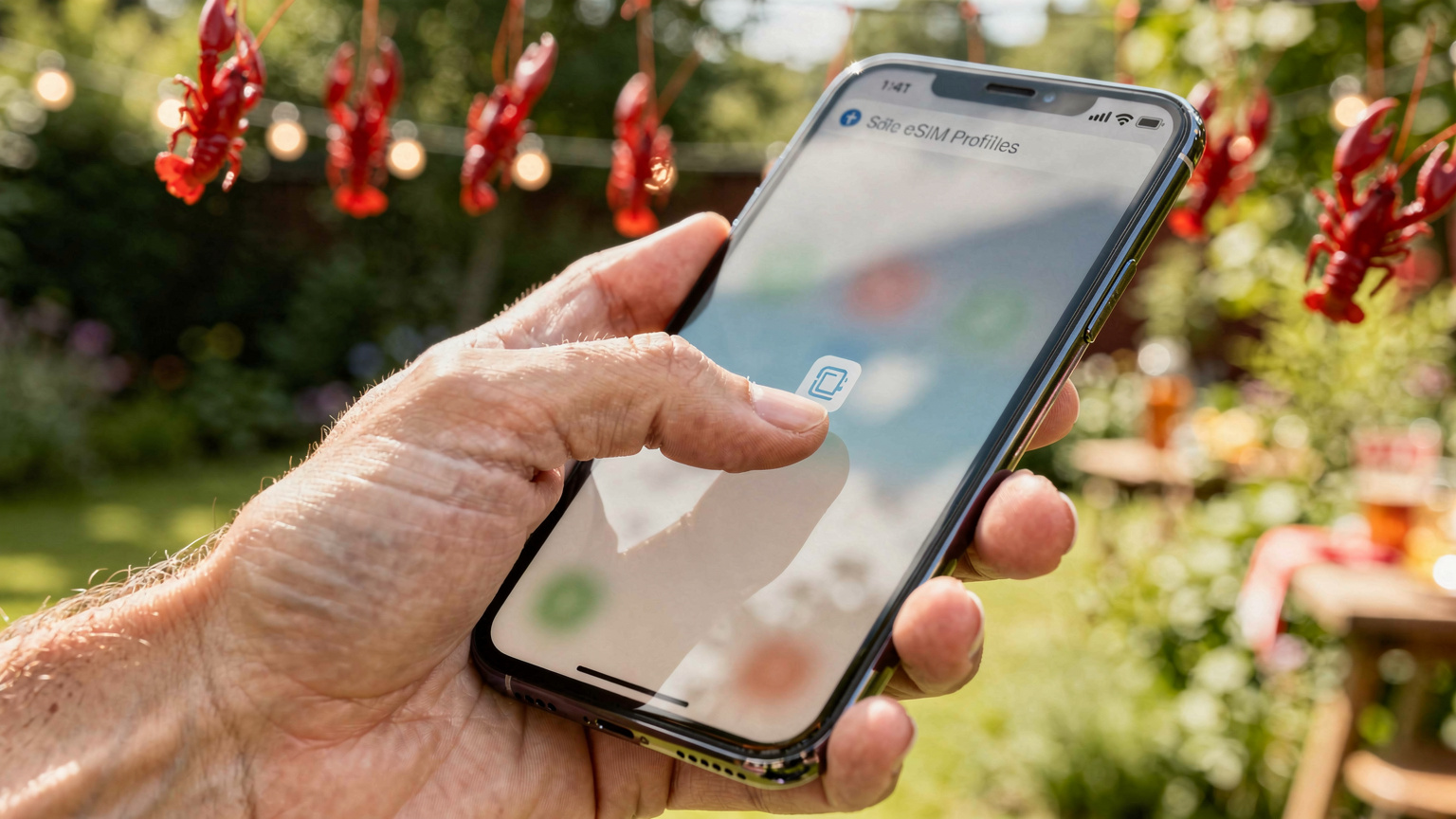 Närbild på en hand som håller en smartphone och pekar på skärmen för att aktivera en eSIM-profil, med en suddig bakgrund av en somrig trädgård.