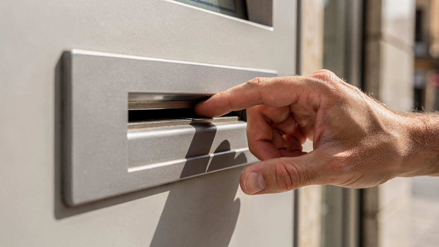 Eine Nahaufnahme zeigt eine Hand, die einen Bankautomaten in Spanien auf verdächtige Anbauten überprüft, um Skimming zu vermeiden.