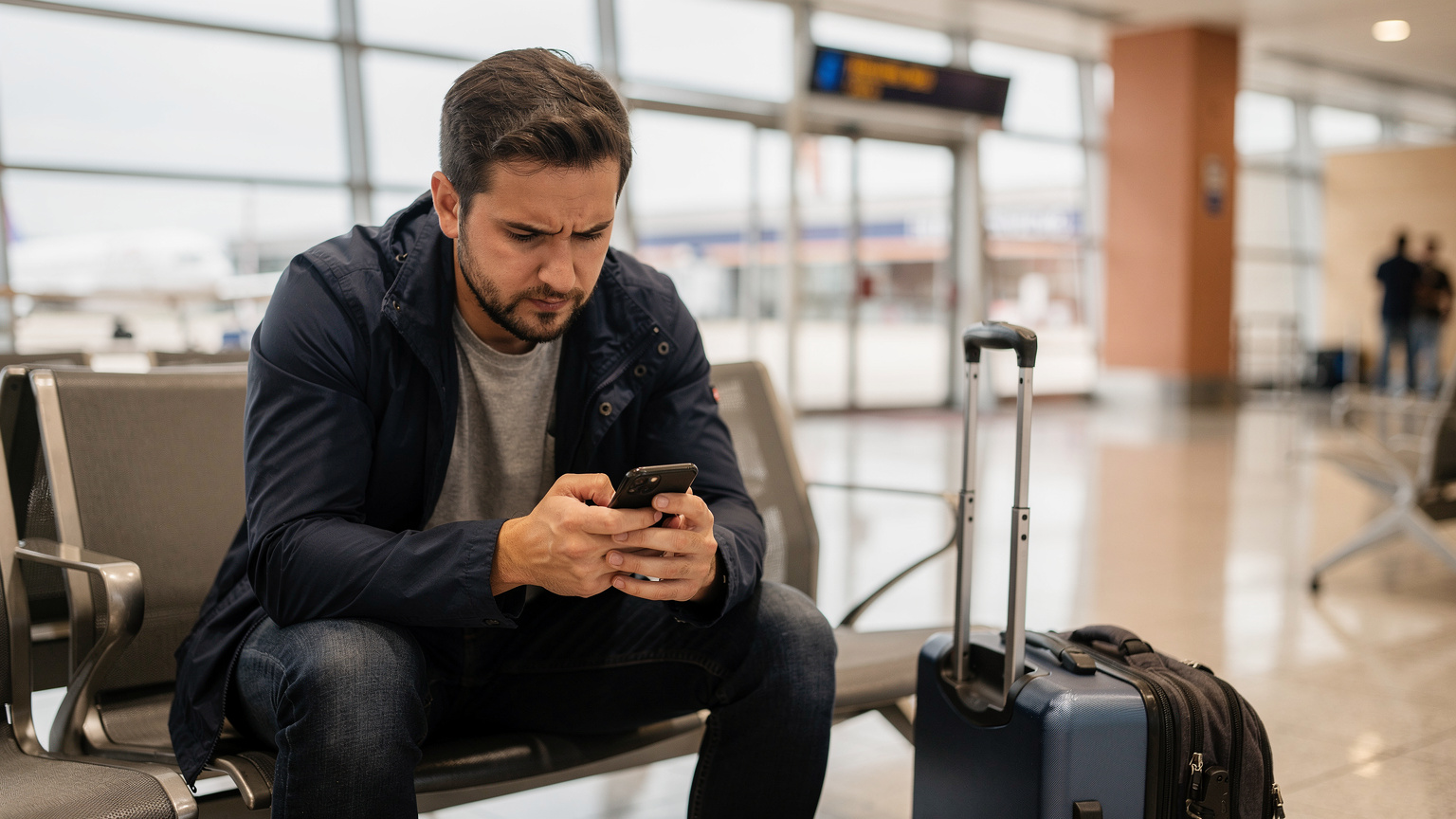 Ein Reisender am Flughafen Barcelona, der aufmerksam sein Smartphone prüft, um eine eSIM zu aktivieren und seine Verbindung herzustellen.