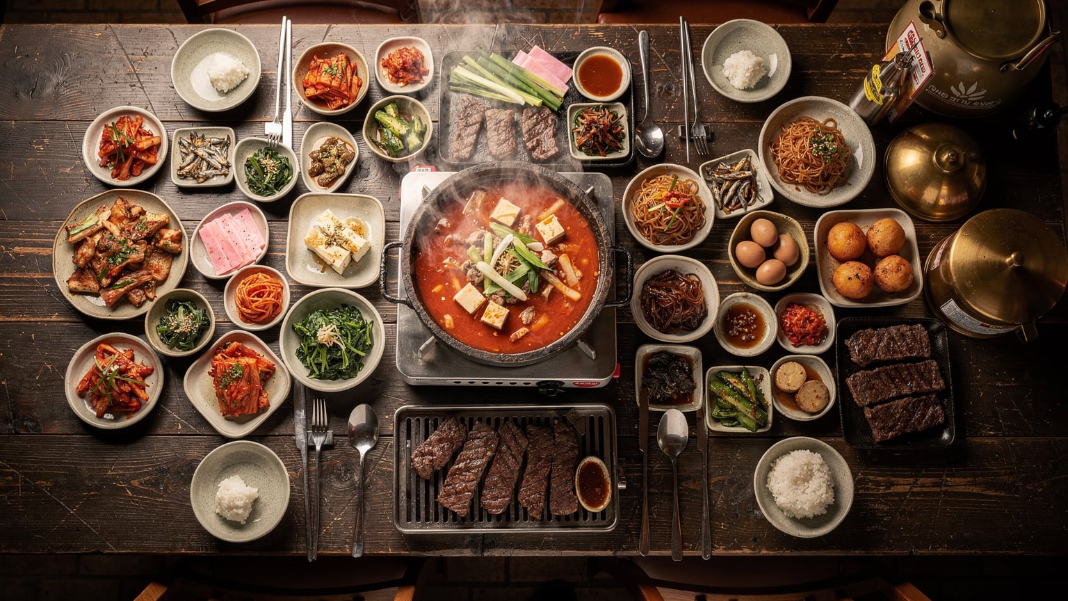 一张俯拍的韩国餐桌，摆满了各种小菜（banchan），一碗热气腾腾的泡菜汤和烤肉，展现了地道的韩式用餐体验。