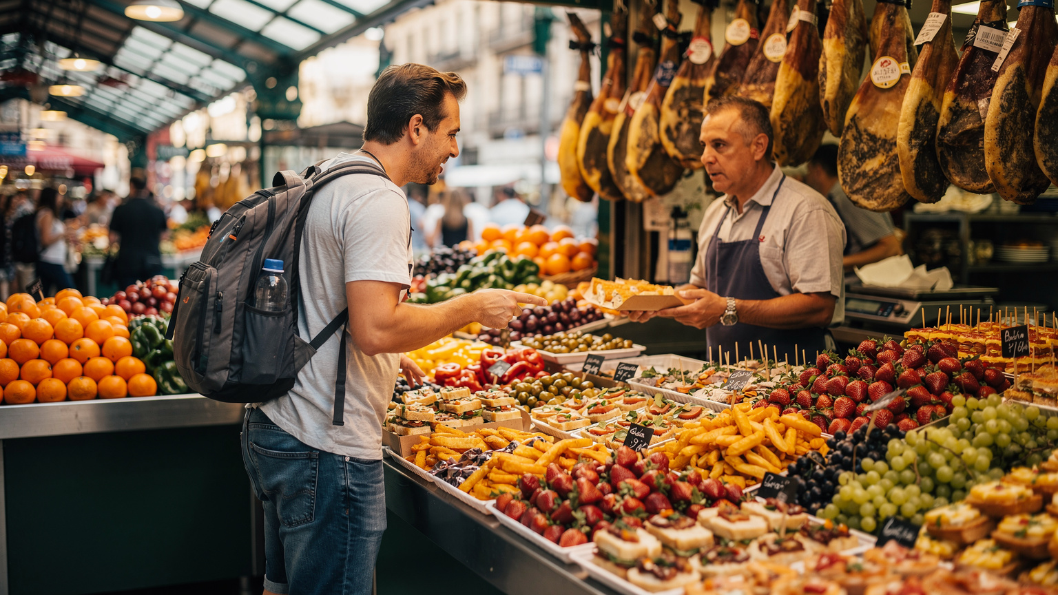 Barselona'daki La Boqueria pazarında bir tezgahta rengarenk meyveler, sebzeler ve İspanyol tapasları sergileniyor. Bir sırt çantalı gezgin, pazarlık yaparak uygun fiyatlı atıştırmalıklar satın alıyor.