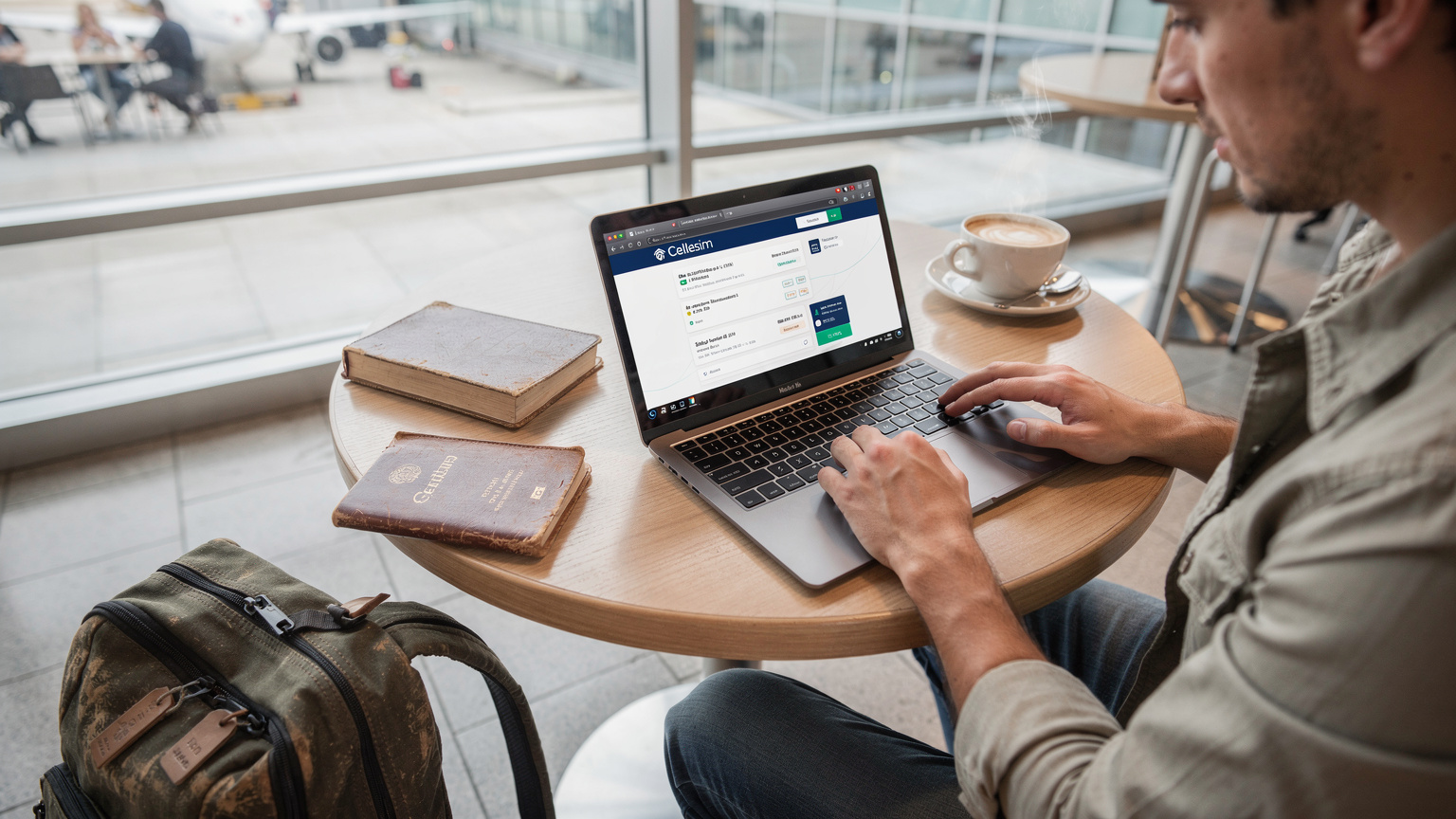 Bir seyahat blog yazarı, havalimanında bir kafede otururken kahvesini yudumluyor ve dizüstü bilgisayarında Cellesim web sitesinden İspanya eSIM planlarını inceliyor. Yanında pasaportu ve bir sırt çantası duruyor, seyahat hazırlığı içinde.