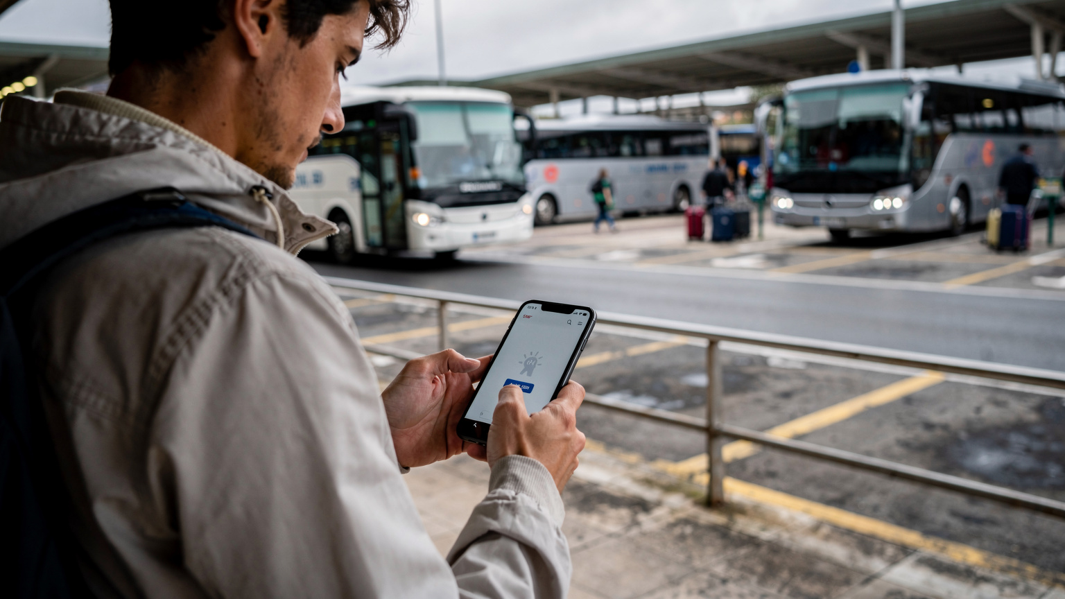 Bir gezgin, İspanya-Portekiz sınırında bir otobüs terminalinde telefonunu kontrol ediyor. Ekranında Cellesim uygulamasından eSIM profilini aktif ettiğini gösteren bir bildirim var, arka planda otobüsler hareket halinde.