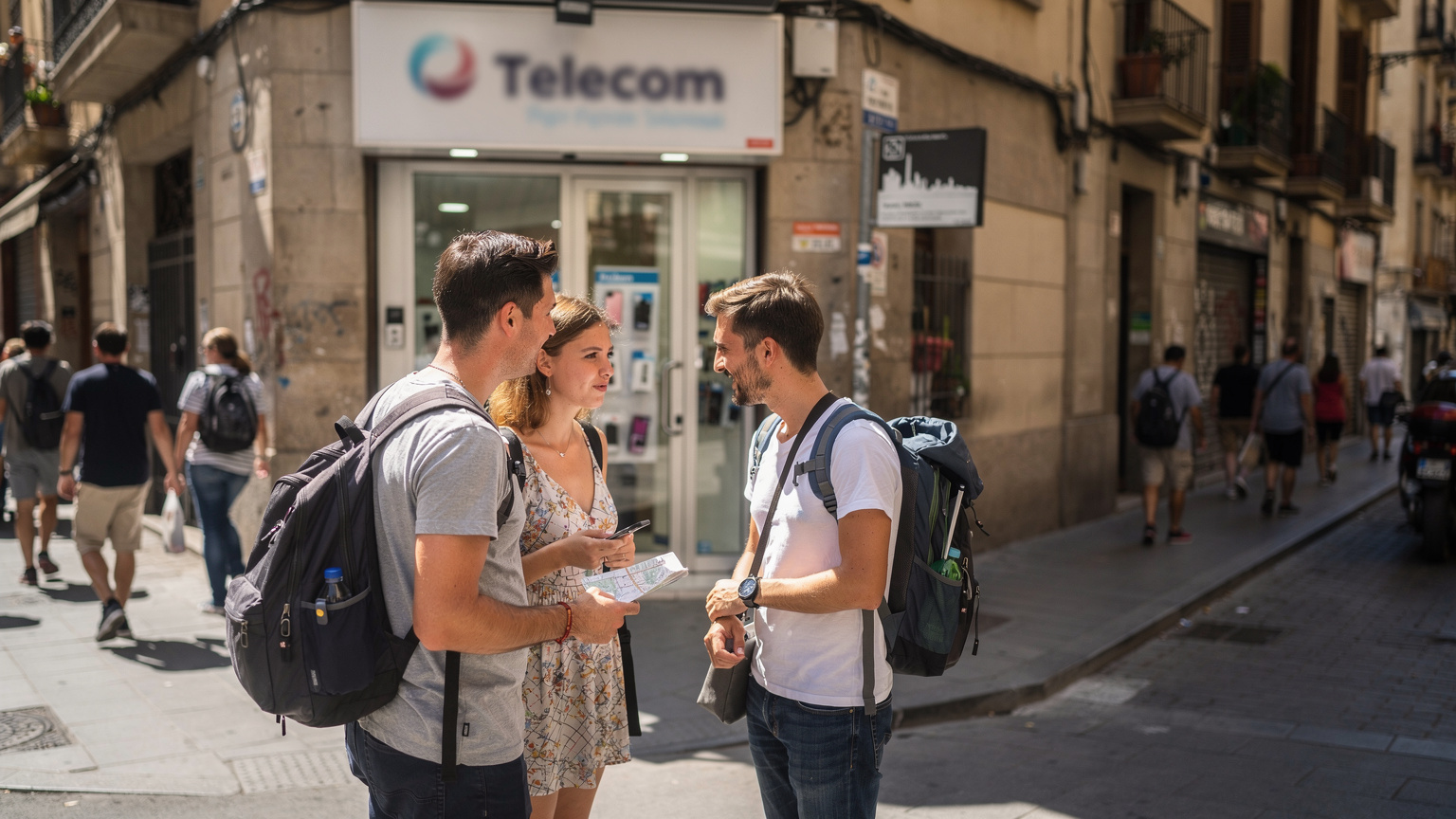 Barselona'da bir telekomünikasyon mağazasının önünde bekleyen turistler, içerideki yoğunluğa rağmen SIM kart almak için sıranın kendilerine gelmesini sabırla bekliyorlar.