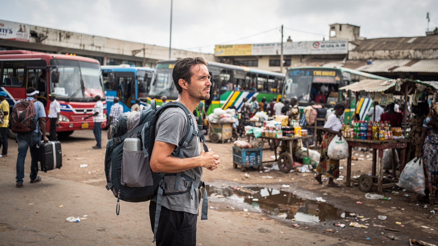 A backpacker standing amidst a bustling bus terminal in Abidjan, Cote d'Ivoire, observing the various intercity buses and activity, with a focused expression.