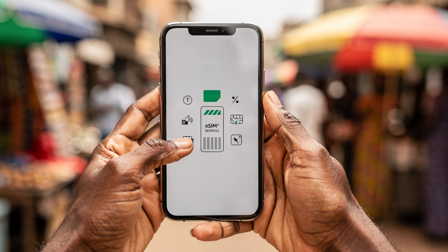 Hands holding a smartphone with an eSIM activation screen visible, superimposed against a blurred background of a street market in Abidjan, Cote d'Ivoire.