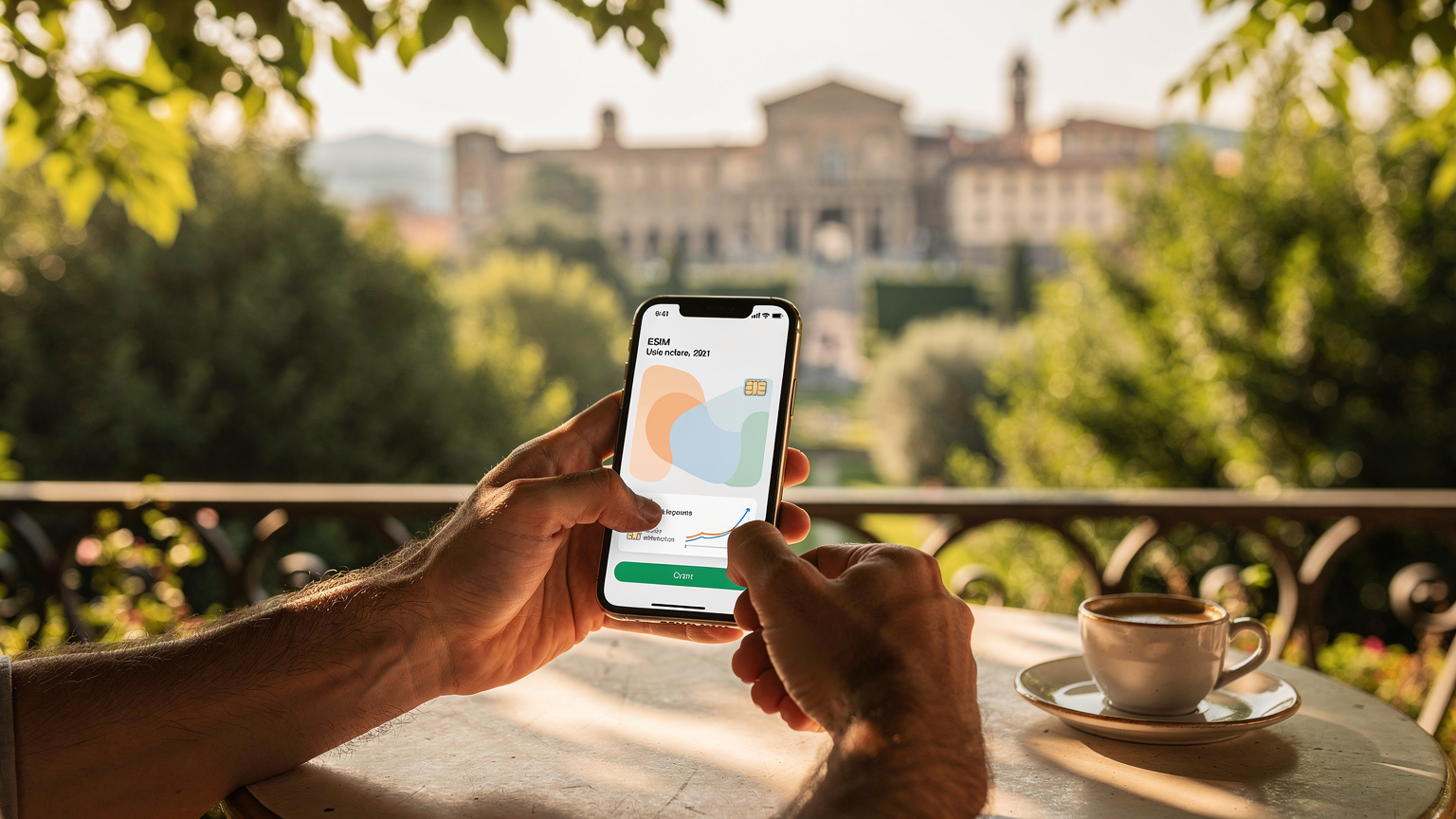 Un călător folosește o aplicație mobilă pentru a verifica consumul de date și a reîncărca un plan eSIM, cu fundalul unei terase pline de verdeață din zona Grădinilor Boboli din Florența.