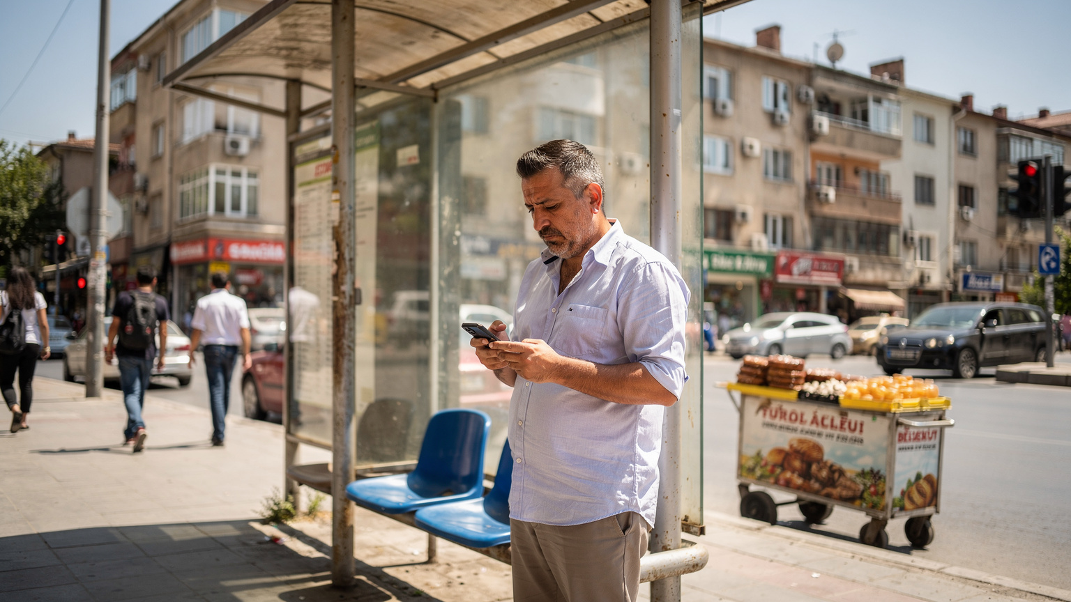 Ankara'da, Kızılay'daki bir otobüs durağında, otobüs beklerken telefonunda anlık mesajlaşma uygulamasını kontrol eden bir Türk vatandaşı.