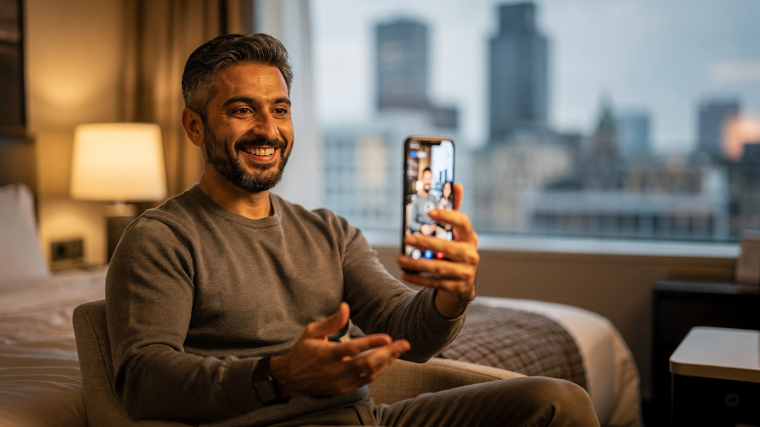 Yurt dışı seyahatinde, sakin bir otel odasında, telefonunda ailesiyle WhatsApp üzerinden keyifli bir görüntülü konuşma yapan bir Türk aile babası.