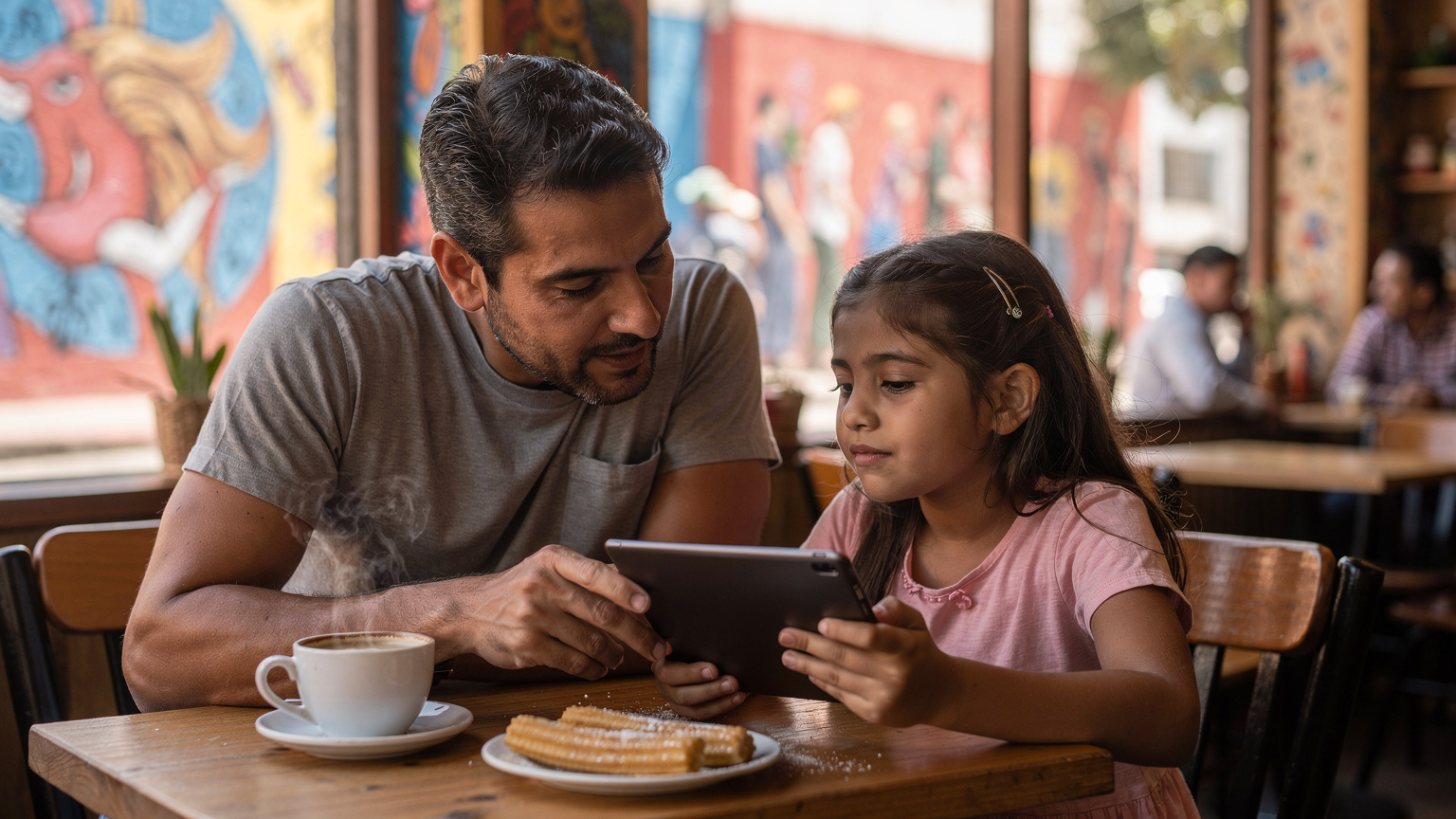 Un padre latinoamericano sentado con su hija de 8 años en una cafetería animada en el barrio de Coyoacán, Ciudad de México. El padre ayuda a la niña a seleccionar una película en su tableta mientras disfrutan de un café con leche y churros. Al fondo, se aprecia arte urbano colorido y gente local charlando.