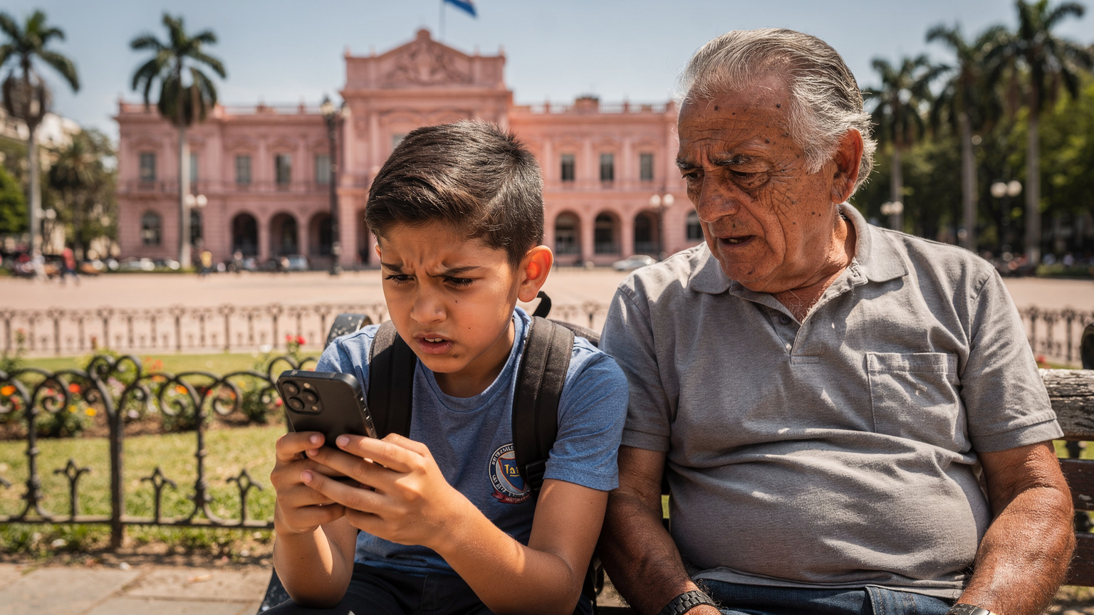 Un joven turista latinoamericano, de unos 12 años, sentado en un banco de madera en la Plaza de Mayo de Buenos Aires, Argentina, mirando su smartphone con una expresión de clara frustración. Un adulto mayor, quizás su abuelo, sentado a su lado, le observa con una mirada de preocupación. La Casa Rosada se vislumbra al fondo.