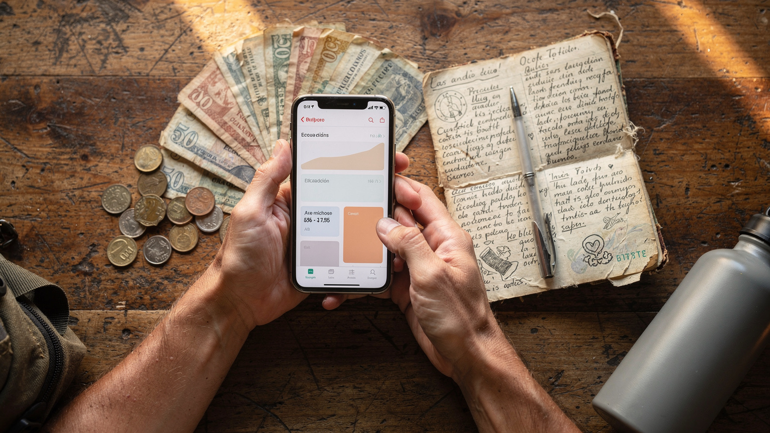 A backpacker meticulously tracking expenses on a smartphone, surrounded by a travel journal and local currency, emphasizing budget management.