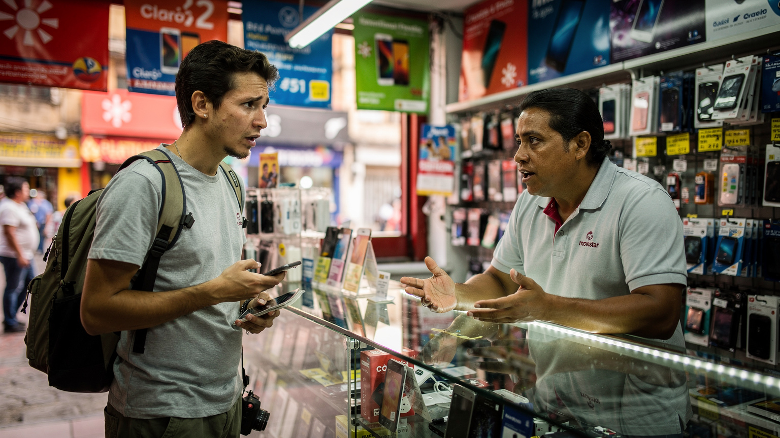 A frustrated traveler at a local phone shop in a busy Ecuadorian city, holding their phone and looking confused, with a store employee gesturing, highlighting the potential language and setup barriers of local SIMs.