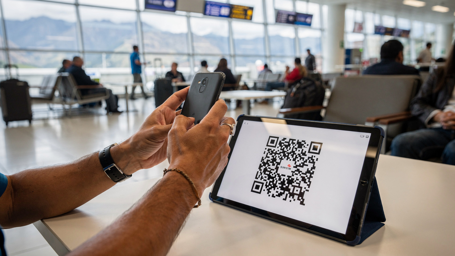 A traveler holding a smartphone, scanning a QR code for eSIM activation from another device, with a blurred airport lounge in the background, showing ease of setup.