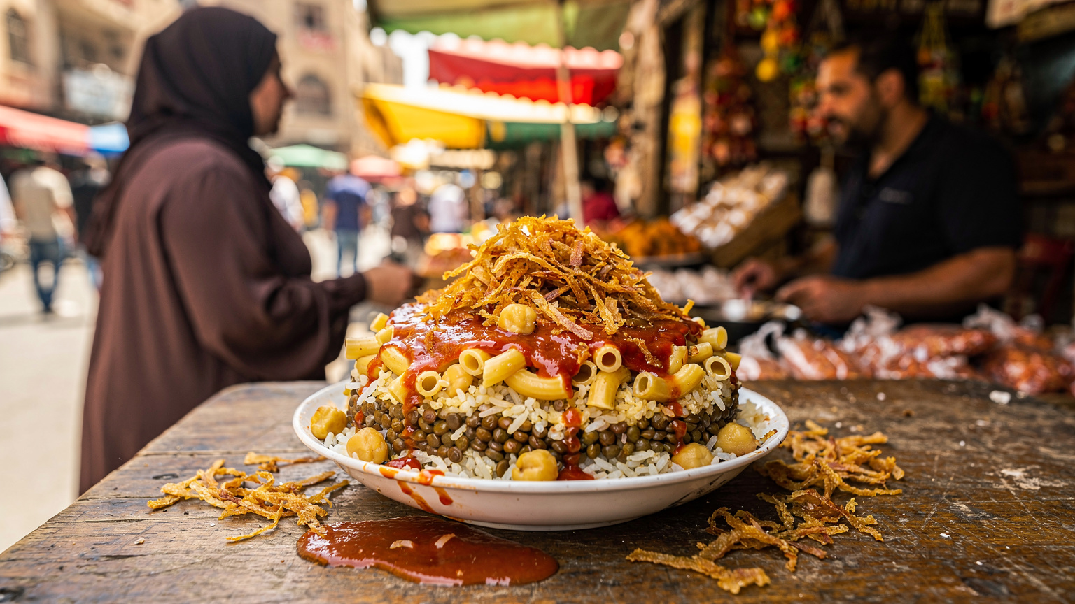 Un plat de Koshary, la nourriture de rue emblématique égyptienne, est présenté sur une table de marché animée. En arrière-plan, une femme locale converse avec un vendeur.