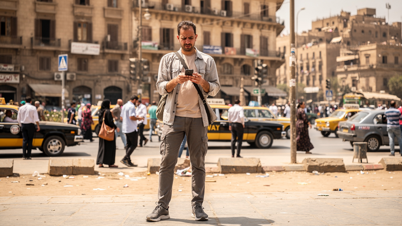Un homme voyageur, l'air perplexe, regarde son téléphone au milieu d'une foule dense sur une place animée du Caire, probablement à la recherche d'une connexion internet.
