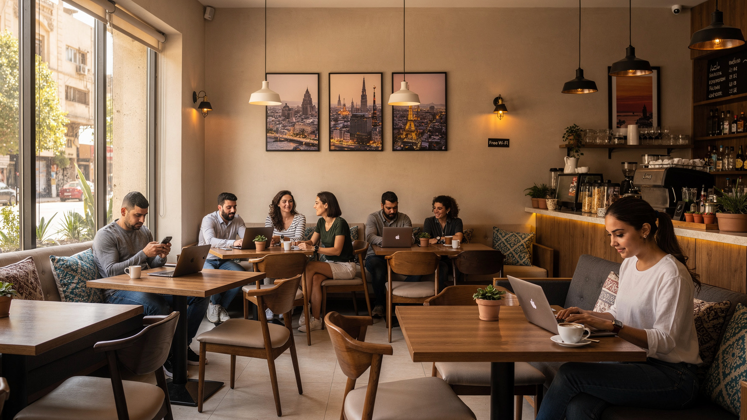 Intérieur d'un café moderne et lumineux à Zamalek, Le Caire, avec des clients travaillant sur des ordinateurs portables et utilisant leurs téléphones, et un panneau 'Wi-Fi gratuit' discret.