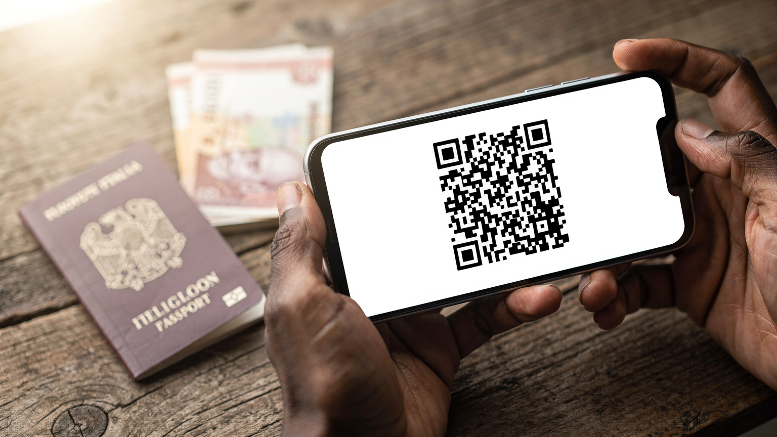 Gros plan sur des mains tenant un smartphone affichant un QR code pour l'activation d'une eSIM, avec un passeport et des billets de banque égyptiens posés sur une table en bois.