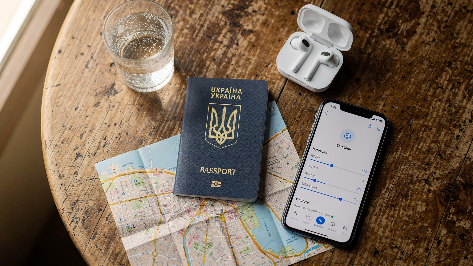 Зверху, фотографії: паспорт, смартфон з активним eSIM-профілем, навушники та карта Барселони, розкладені на дерев'яному столі кафе.